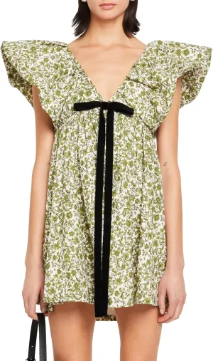 hibshaby Women's Floral Print Mini Dress V Neck Puff Sleeve Dress Short Babydoll Bow Dress