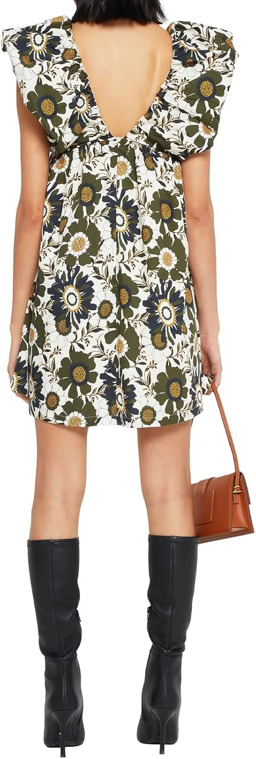 hibshaby Women's Floral Print Mini Dress V Neck Puff Sleeve Dress Short Babydoll Bow Dress