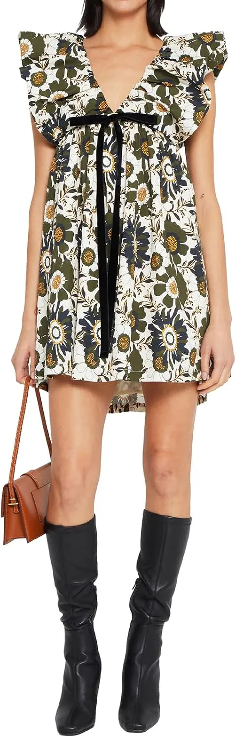 hibshaby Women's Floral Print Mini Dress V Neck Puff Sleeve Dress Short Babydoll Bow Dress