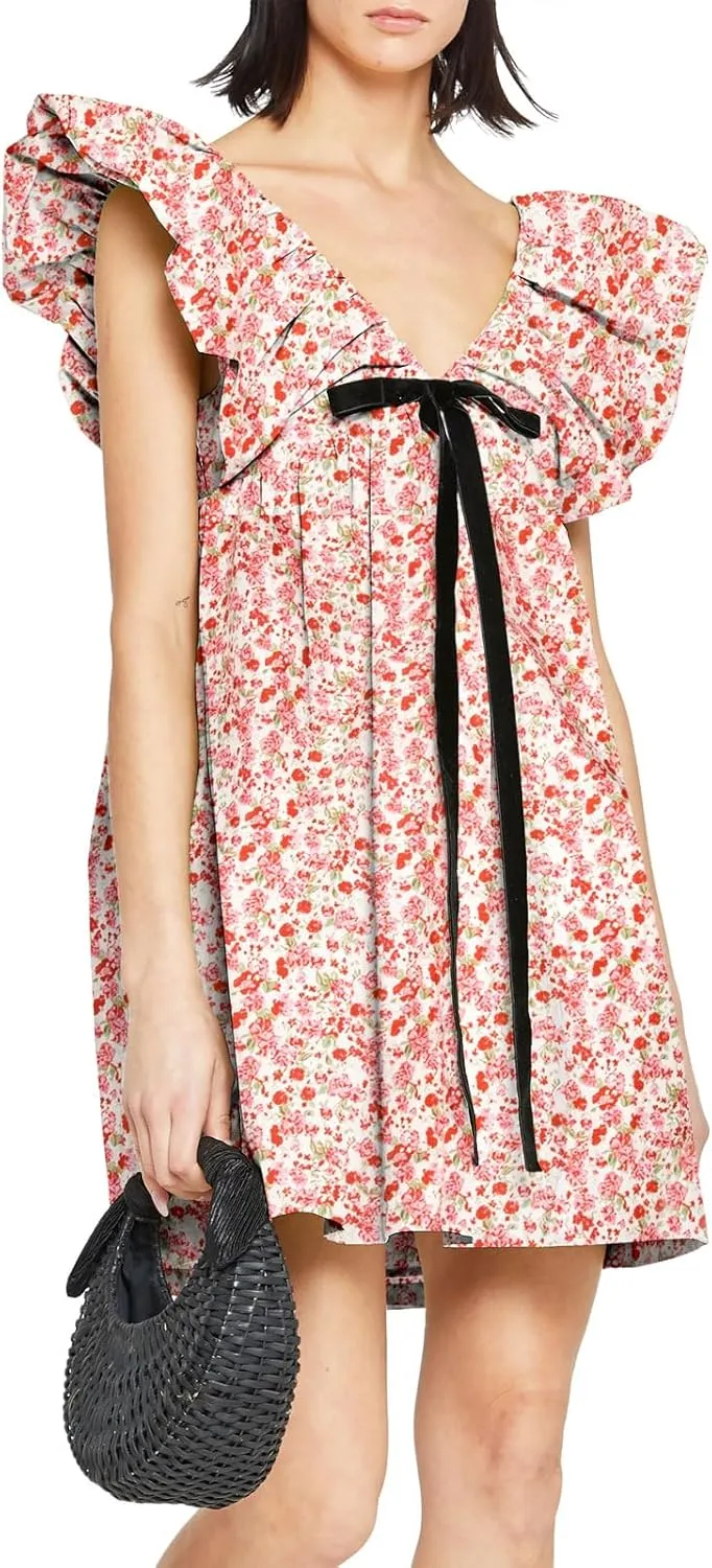 hibshaby Women's Floral Print Mini Dress V Neck Puff Sleeve Dress Short Babydoll Bow Dress
