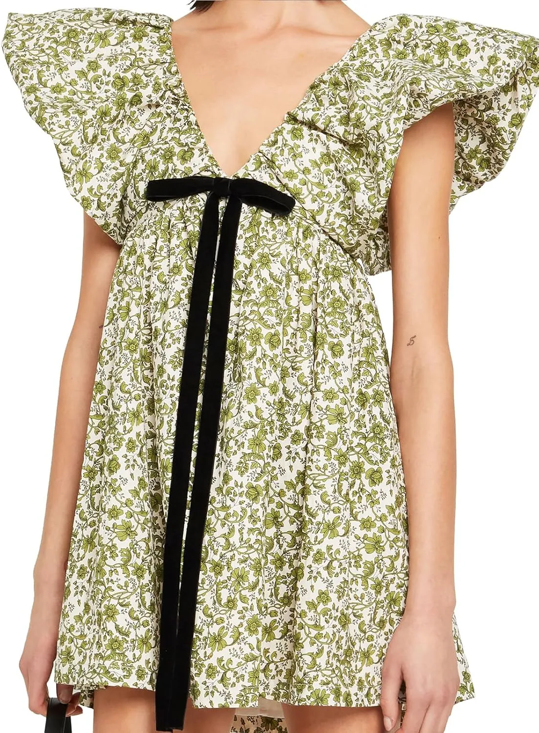 hibshaby Women's Floral Print Mini Dress V Neck Puff Sleeve Dress Short Babydoll Bow Dress