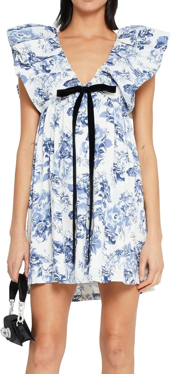 hibshaby Women's Floral Print Mini Dress V Neck Puff Sleeve Dress Short Babydoll Bow Dress