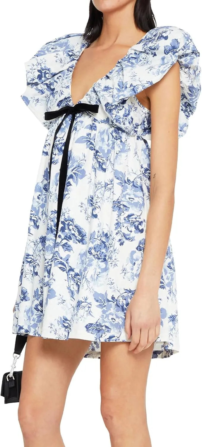 hibshaby Women's Floral Print Mini Dress V Neck Puff Sleeve Dress Short Babydoll Bow Dress