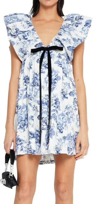 hibshaby Women's Floral Print Mini Dress V Neck Puff Sleeve Dress Short Babydoll Bow Dress