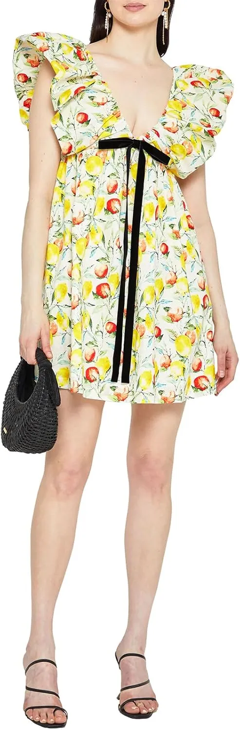 hibshaby Women's Floral Print Mini Dress V Neck Puff Sleeve Dress Short Babydoll Bow Dress