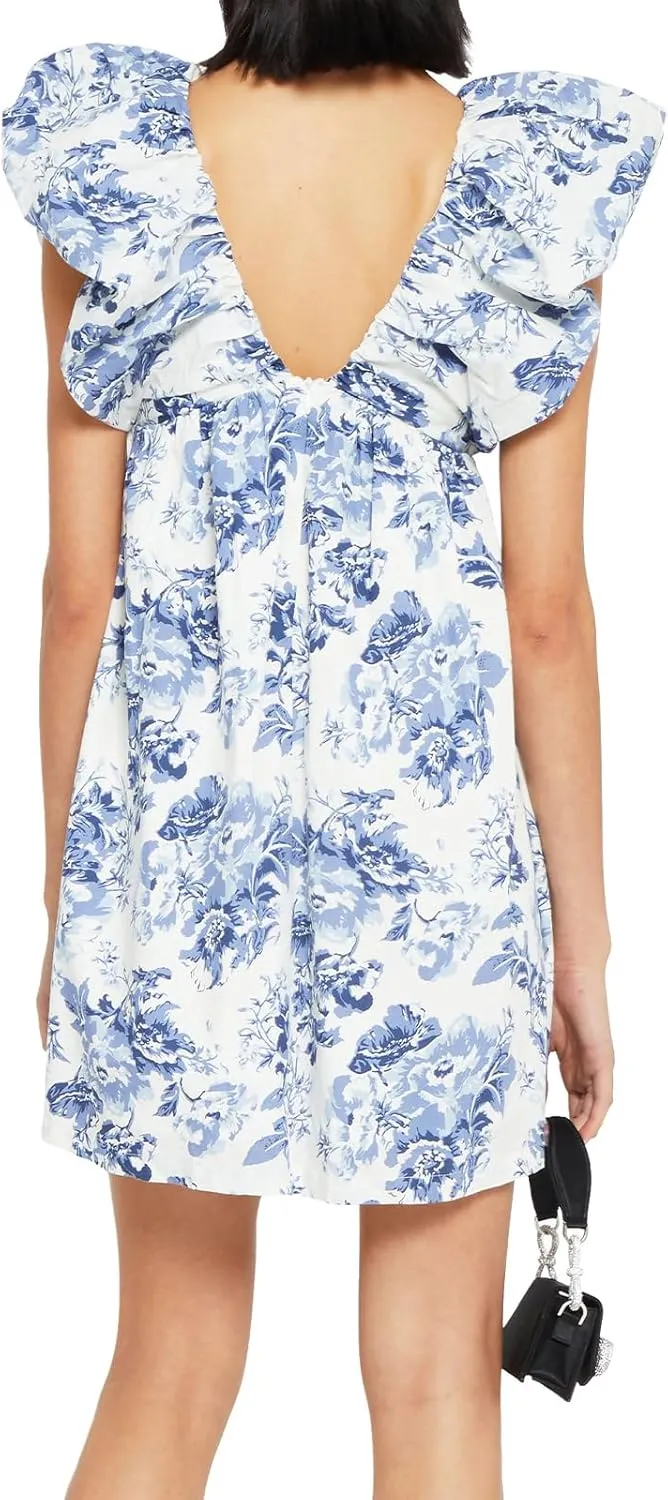 hibshaby Women's Floral Print Mini Dress V Neck Puff Sleeve Dress Short Babydoll Bow Dress