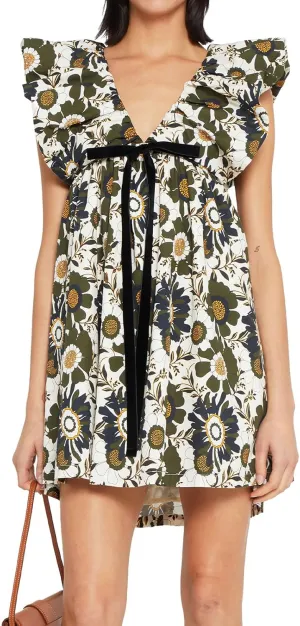 hibshaby Women's Floral Print Mini Dress V Neck Puff Sleeve Dress Short Babydoll Bow Dress