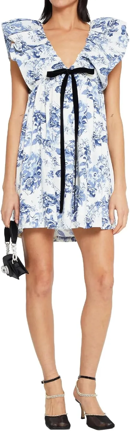 hibshaby Women's Floral Print Mini Dress V Neck Puff Sleeve Dress Short Babydoll Bow Dress