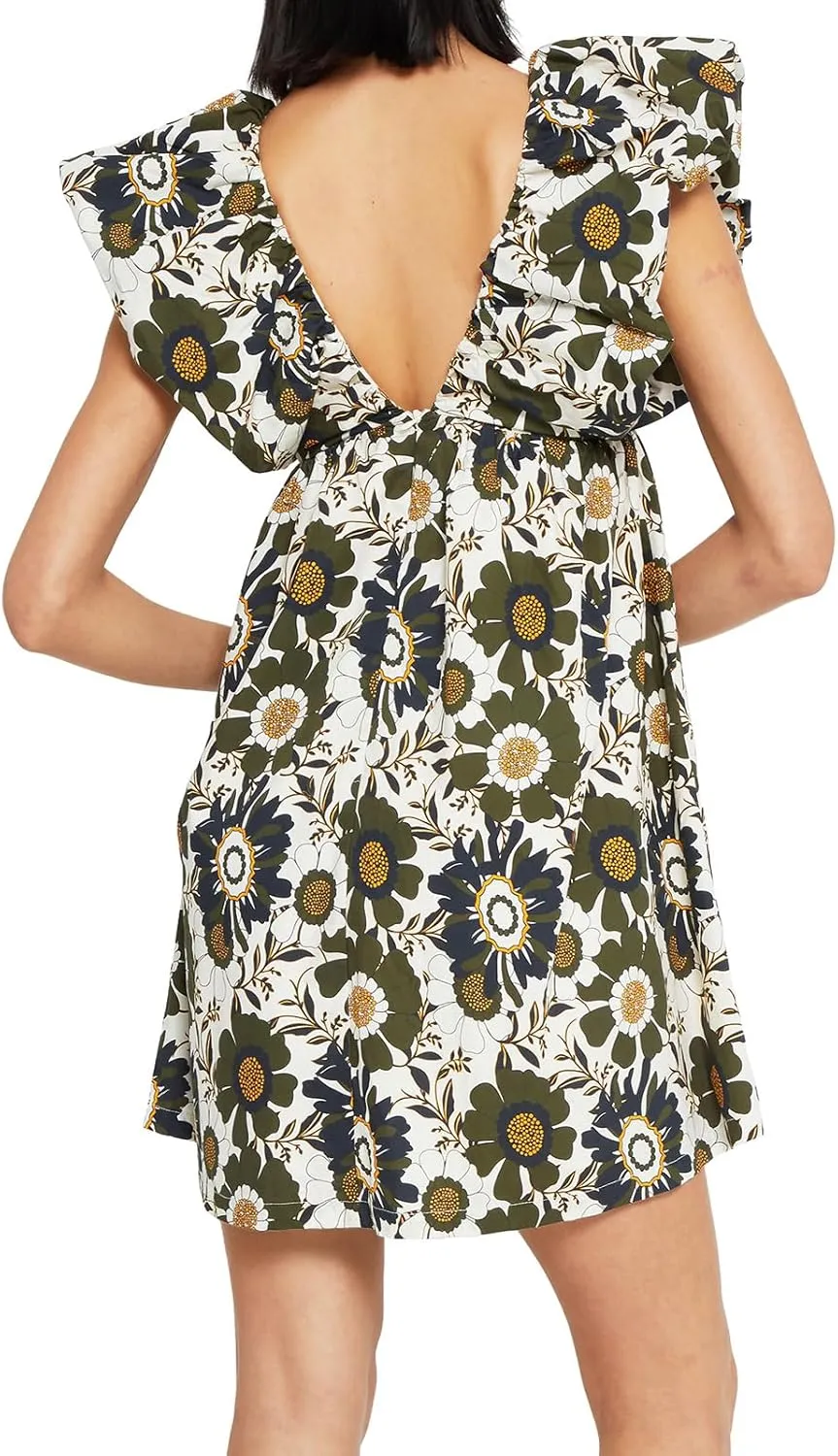 hibshaby Women's Floral Print Mini Dress V Neck Puff Sleeve Dress Short Babydoll Bow Dress