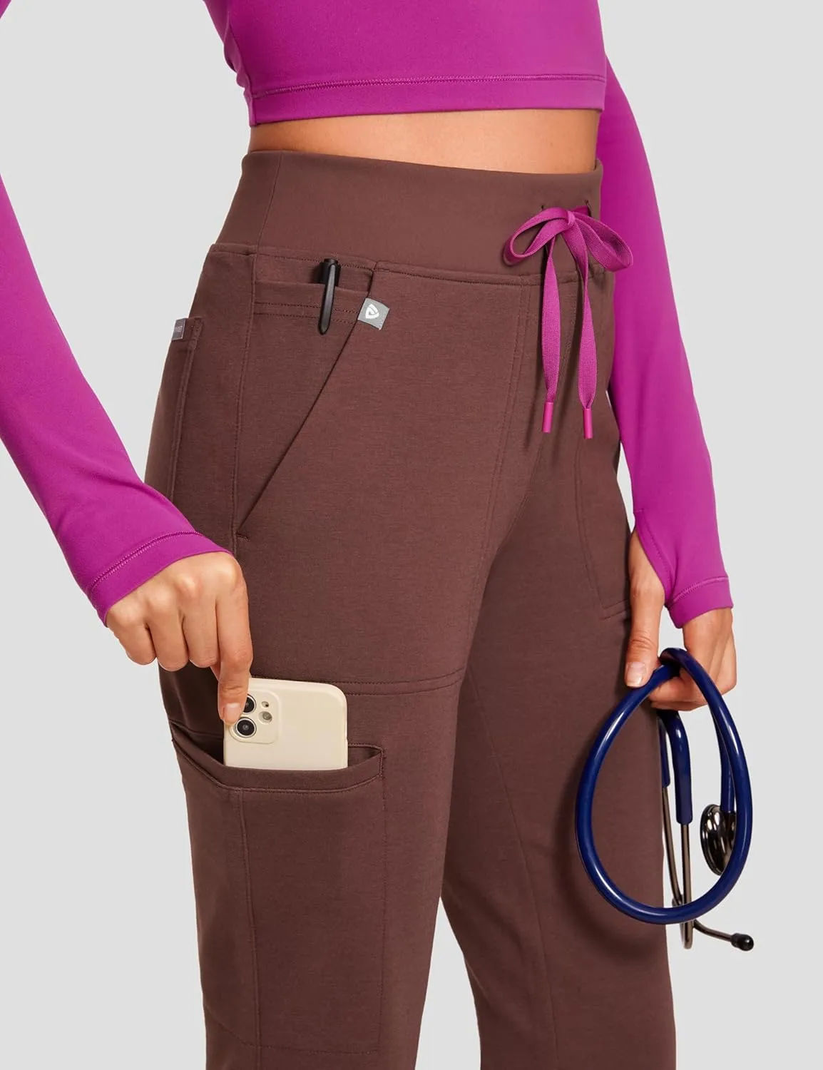 High Waisted Jogger Medical Scrub Pants Women - 7 Pockets Stretch Knit Drawstring Yoga Waistband Slim Fit Pants