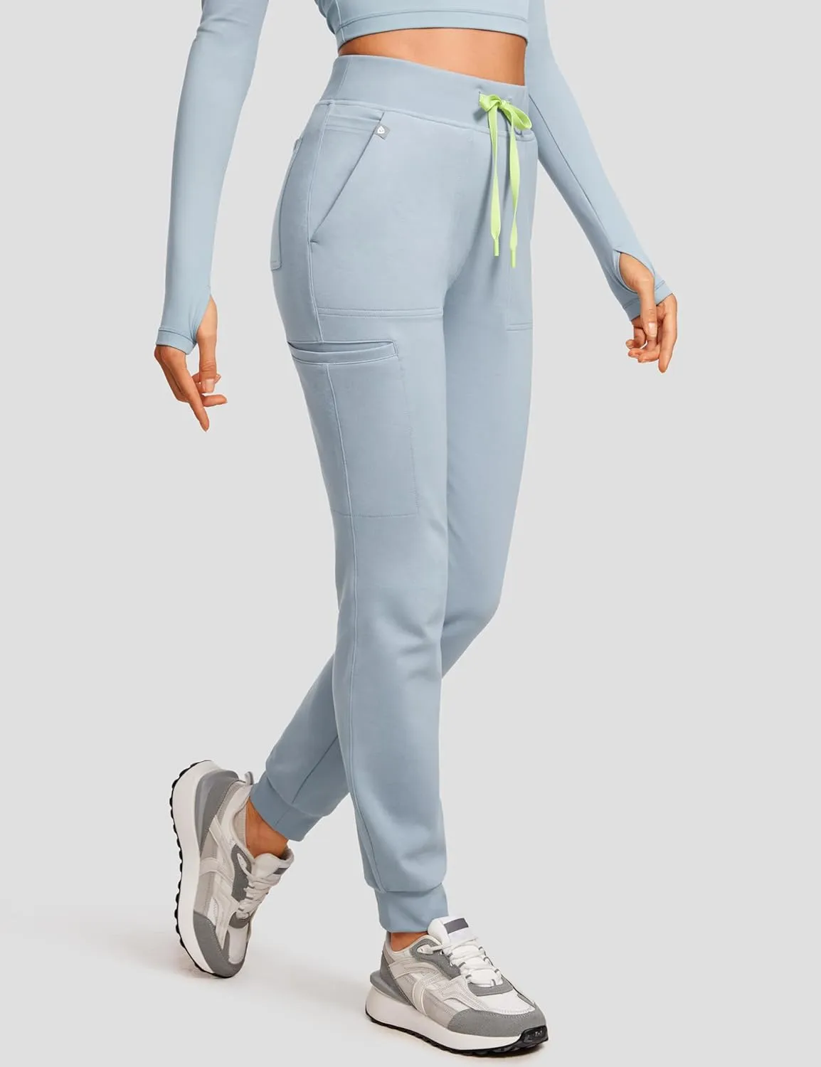 High Waisted Jogger Medical Scrub Pants Women - 7 Pockets Stretch Knit Drawstring Yoga Waistband Slim Fit Pants