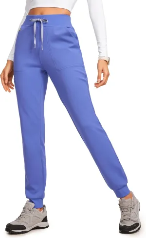 High Waisted Jogger Medical Scrub Pants Women - 7 Pockets Stretch Knit Drawstring Yoga Waistband Slim Fit Pants