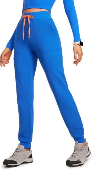 High Waisted Jogger Medical Scrub Pants Women - 7 Pockets Stretch Knit Drawstring Yoga Waistband Slim Fit Pants