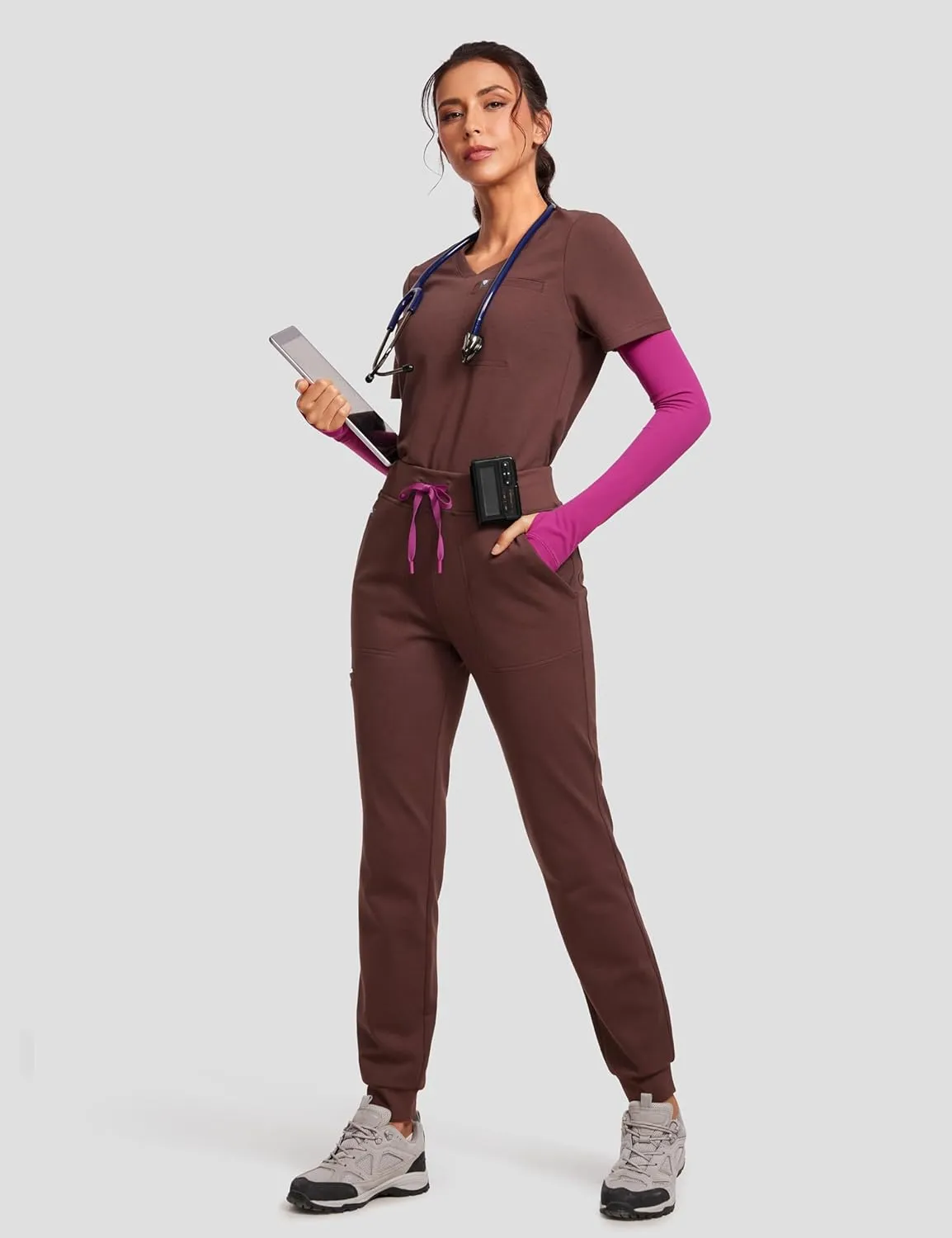 High Waisted Jogger Medical Scrub Pants Women - 7 Pockets Stretch Knit Drawstring Yoga Waistband Slim Fit Pants