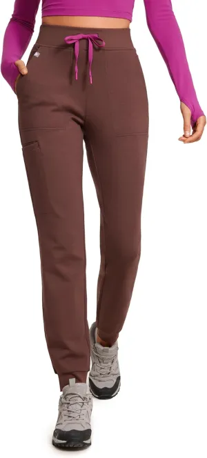 High Waisted Jogger Medical Scrub Pants Women - 7 Pockets Stretch Knit Drawstring Yoga Waistband Slim Fit Pants