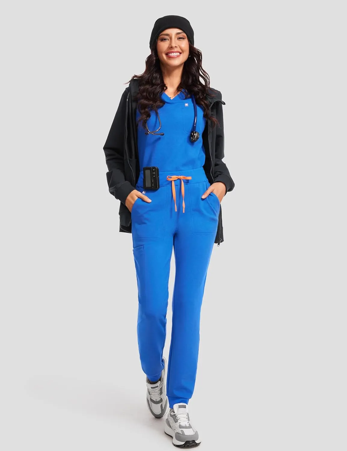 High Waisted Jogger Medical Scrub Pants Women - 7 Pockets Stretch Knit Drawstring Yoga Waistband Slim Fit Pants