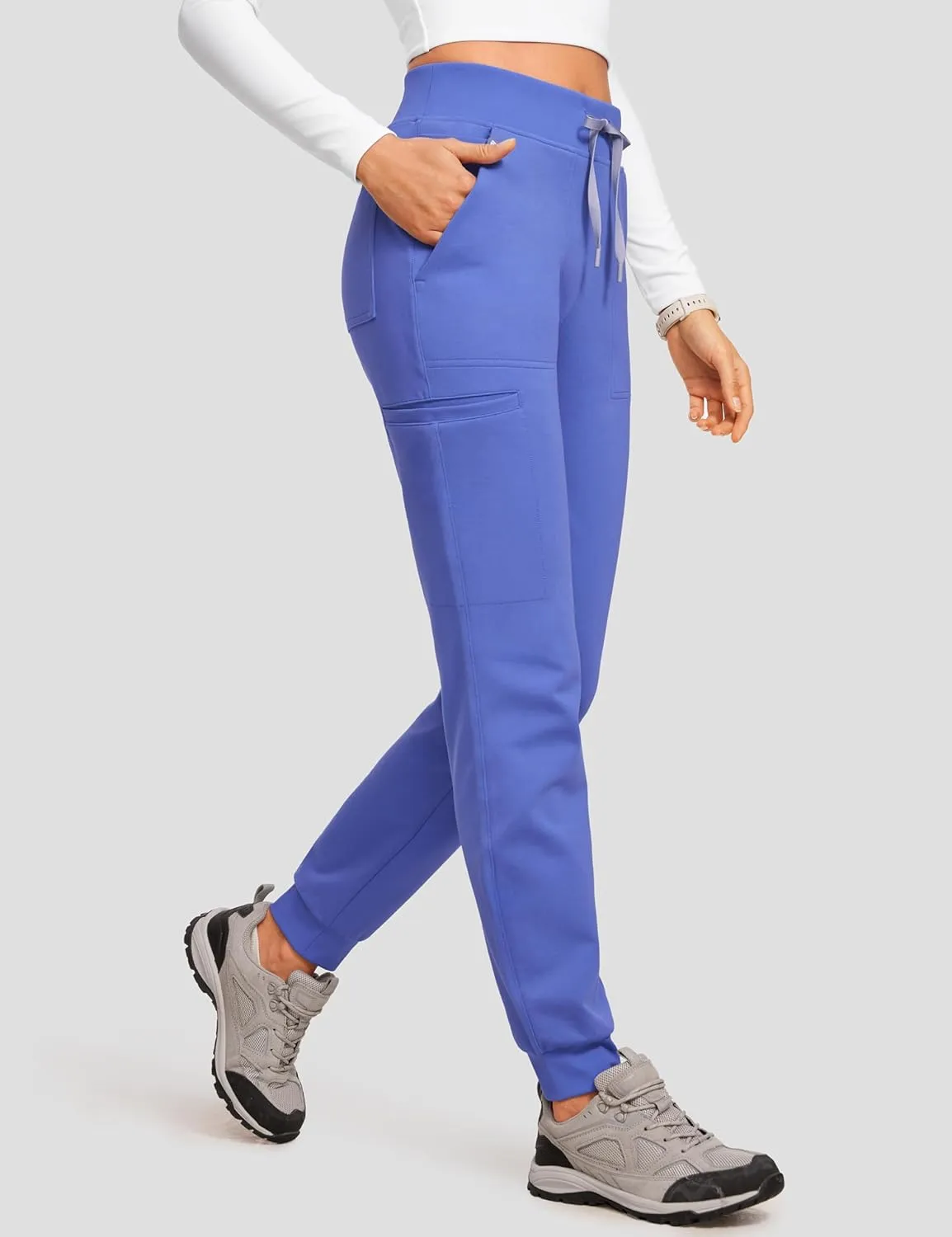 High Waisted Jogger Medical Scrub Pants Women - 7 Pockets Stretch Knit Drawstring Yoga Waistband Slim Fit Pants