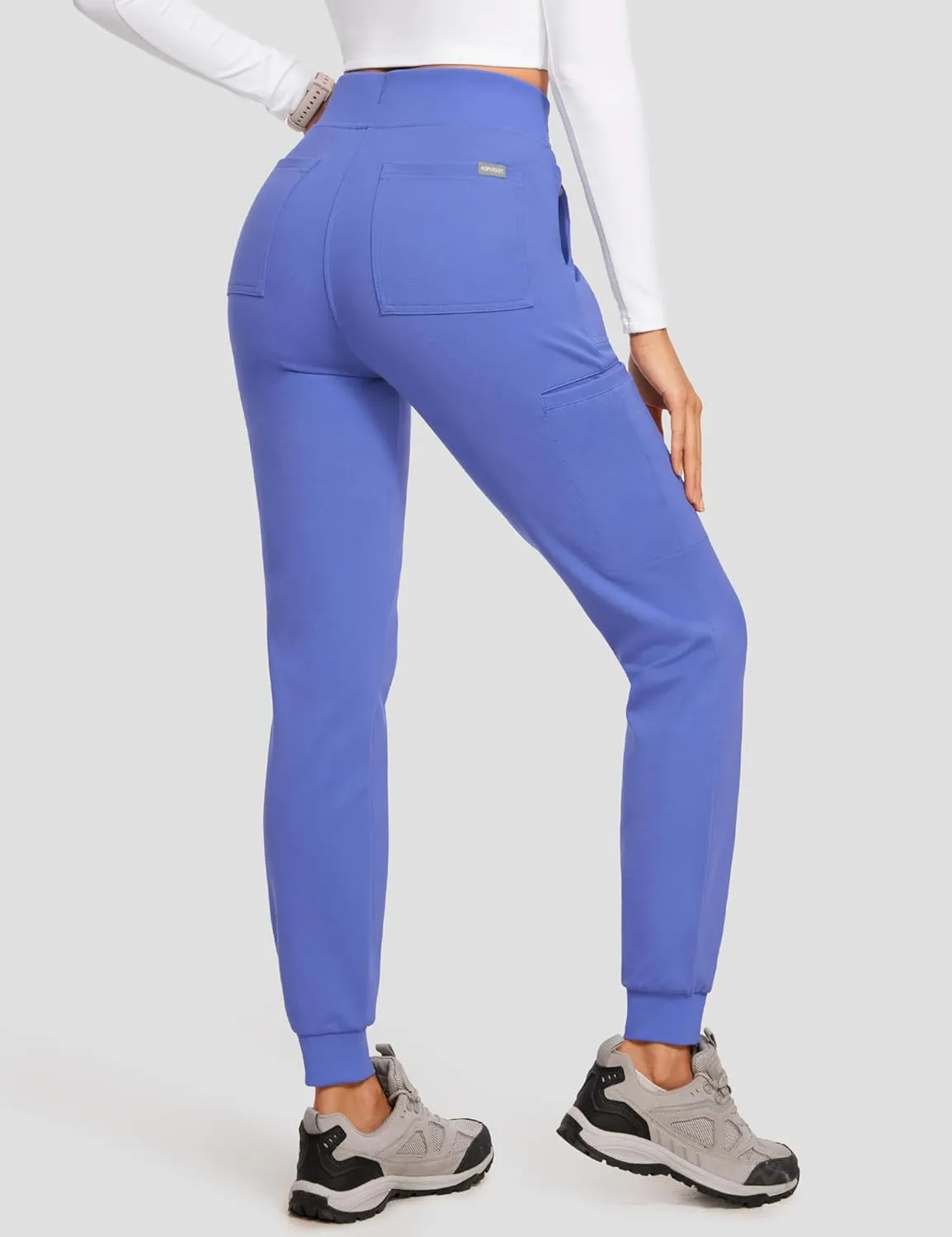 High Waisted Jogger Medical Scrub Pants Women - 7 Pockets Stretch Knit Drawstring Yoga Waistband Slim Fit Pants