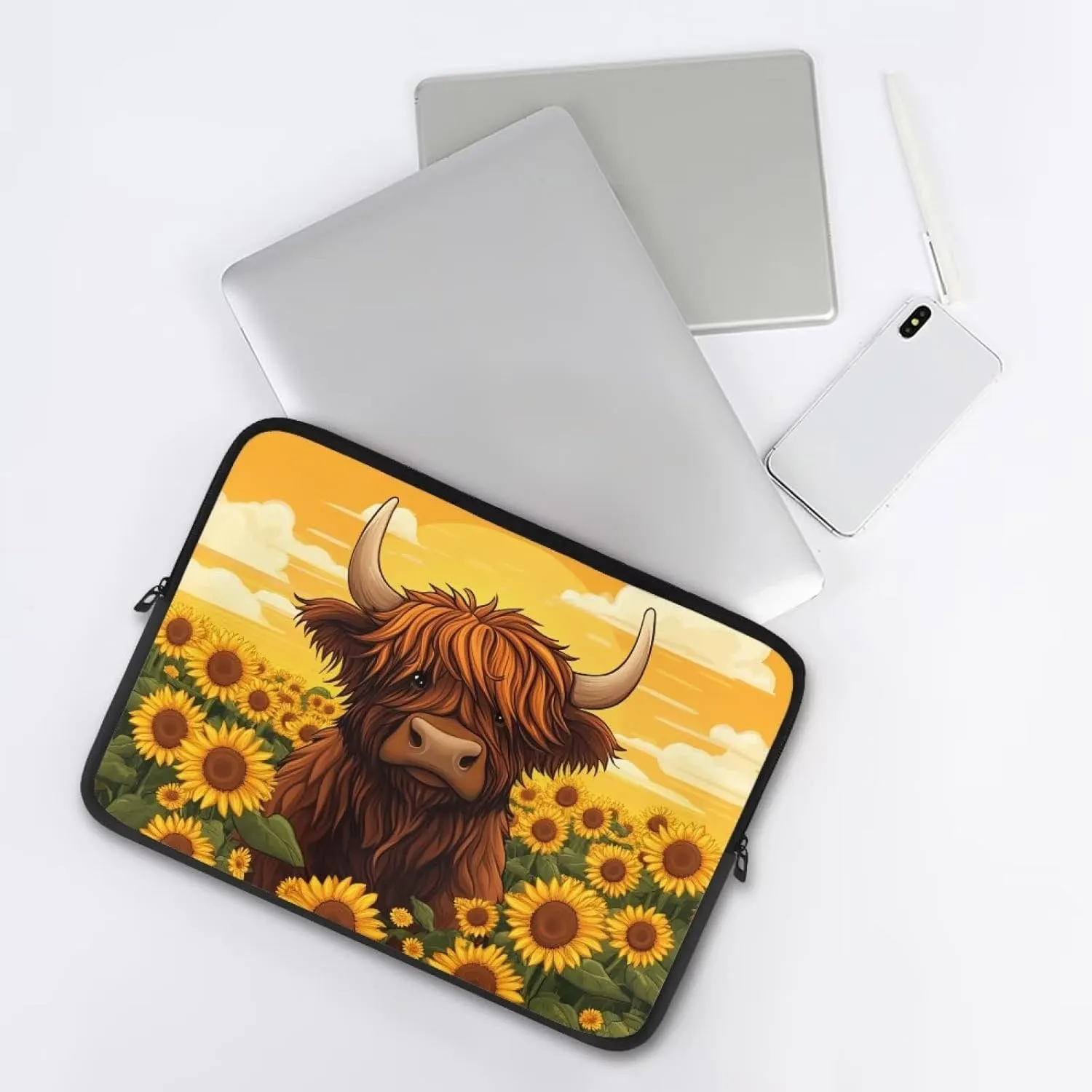 Highland Cow Laptop Protective Sleeve for Women 12inch Computer Sleeve Bag Sunflower Portable Lap Top Case Suitable for Travel School Office Neatly Organizers Brown