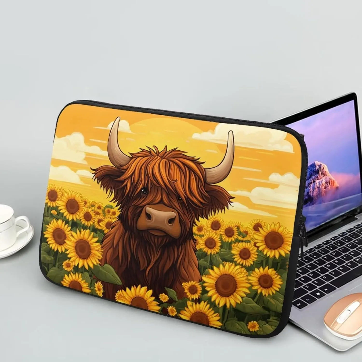 Highland Cow Laptop Protective Sleeve for Women 12inch Computer Sleeve Bag Sunflower Portable Lap Top Case Suitable for Travel School Office Neatly Organizers Brown