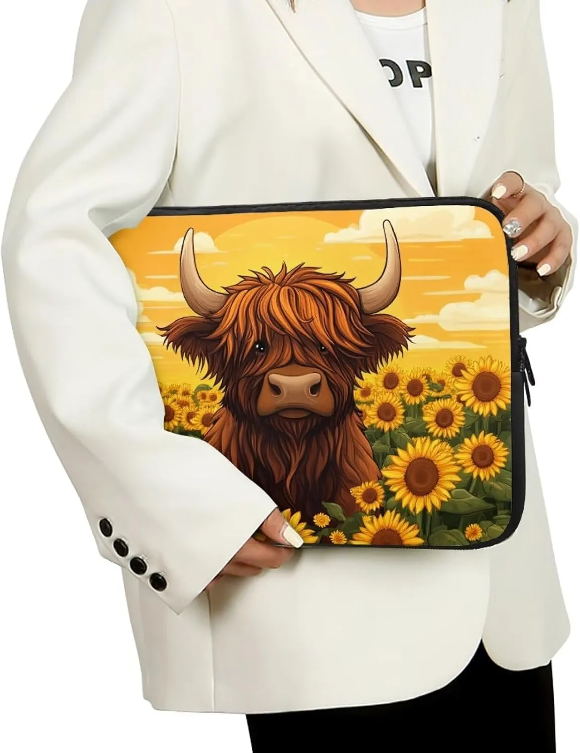 Highland Cow Laptop Protective Sleeve for Women 12inch Computer Sleeve Bag Sunflower Portable Lap Top Case Suitable for Travel School Office Neatly Organizers Brown
