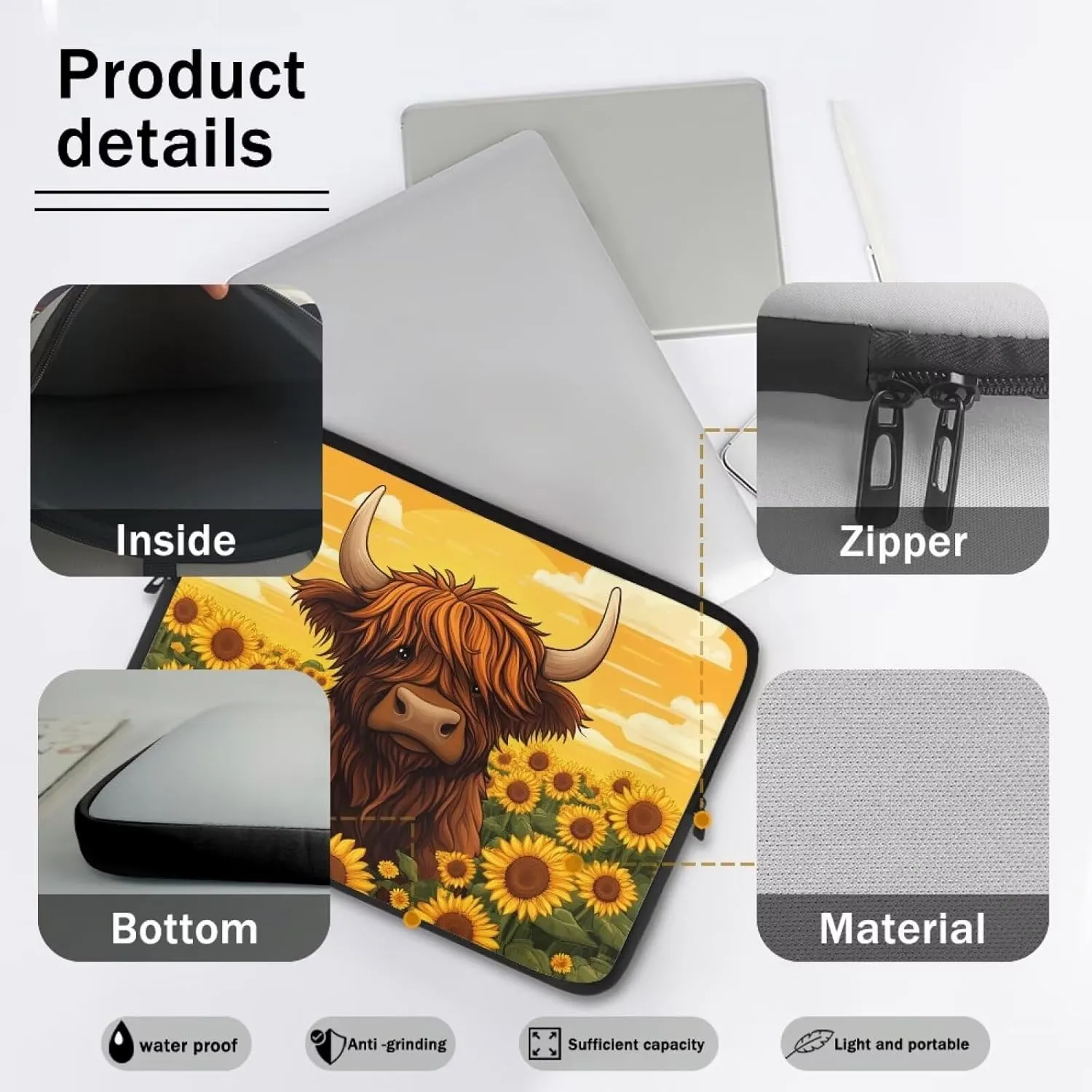 Highland Cow Laptop Protective Sleeve for Women 12inch Computer Sleeve Bag Sunflower Portable Lap Top Case Suitable for Travel School Office Neatly Organizers Brown