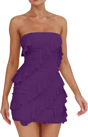 HOCILLE Women's Sexy Strapless Tube Top Bodycon Sleeveless Ruffle Mini Party Dress