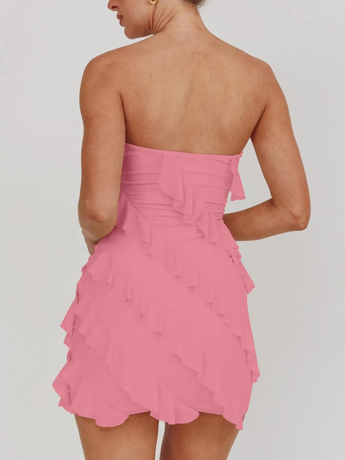 HOCILLE Women's Sexy Strapless Tube Top Bodycon Sleeveless Ruffle Mini Party Dress