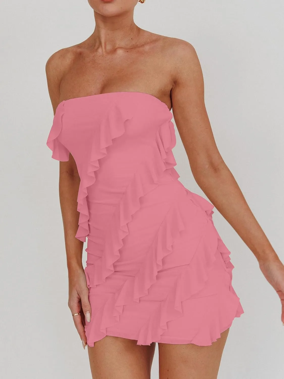 HOCILLE Women's Sexy Strapless Tube Top Bodycon Sleeveless Ruffle Mini Party Dress