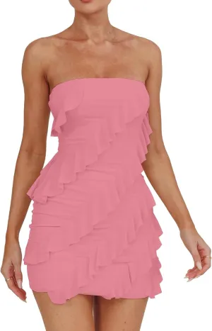 HOCILLE Women's Sexy Strapless Tube Top Bodycon Sleeveless Ruffle Mini Party Dress
