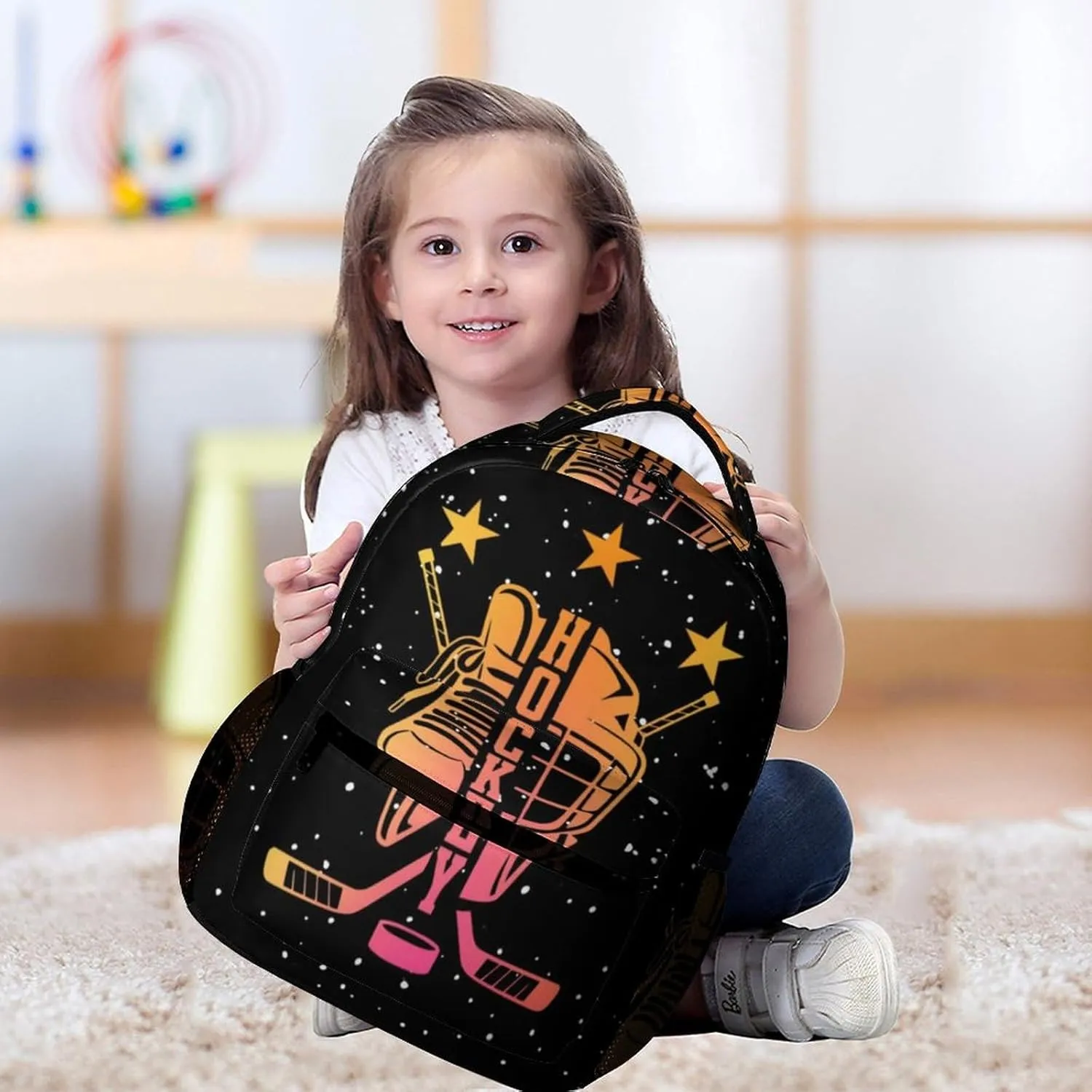 Hockey Backpack for Kids Girls Boys School, 16 Inches Cool Hockey Ball Theme Bookbag, Adjustable, Lightweight, Large Capacity, Colorful Daily Casual Backpacks