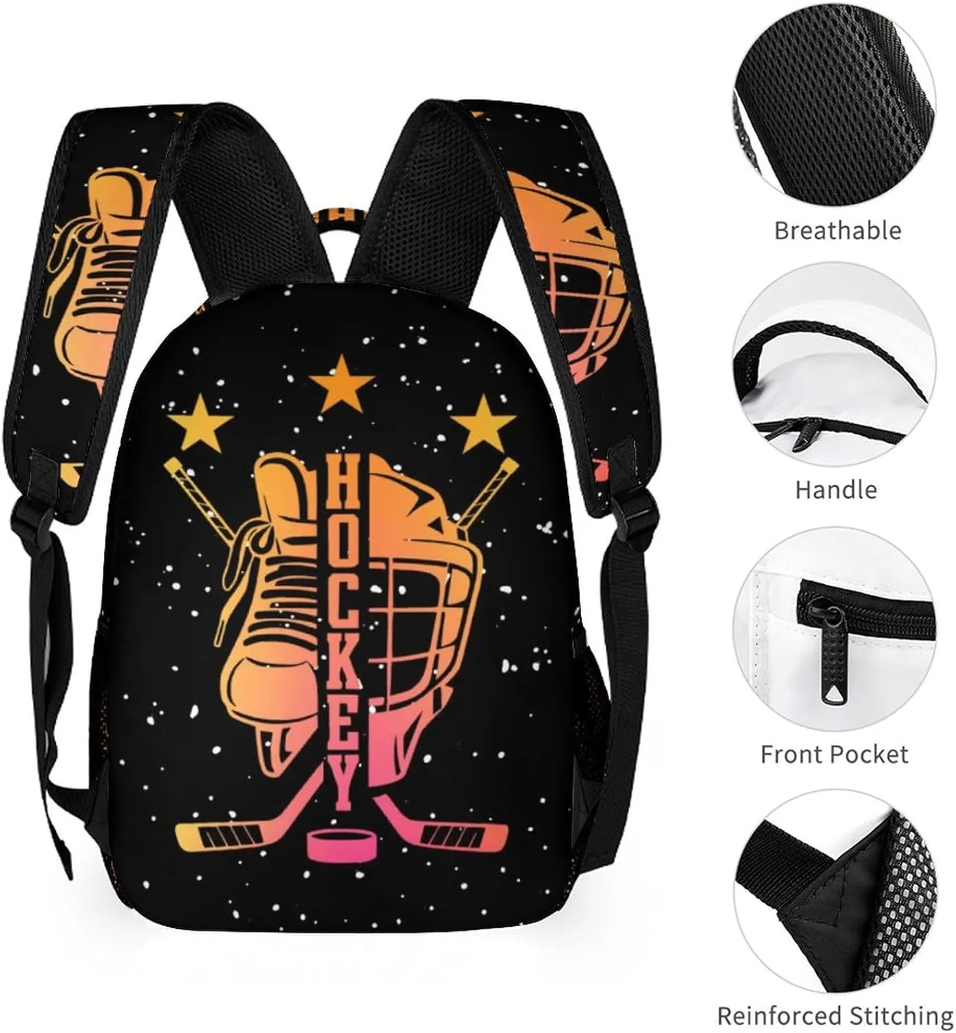 Hockey Backpack for Kids Girls Boys School, 16 Inches Cool Hockey Ball Theme Bookbag, Adjustable, Lightweight, Large Capacity, Colorful Daily Casual Backpacks