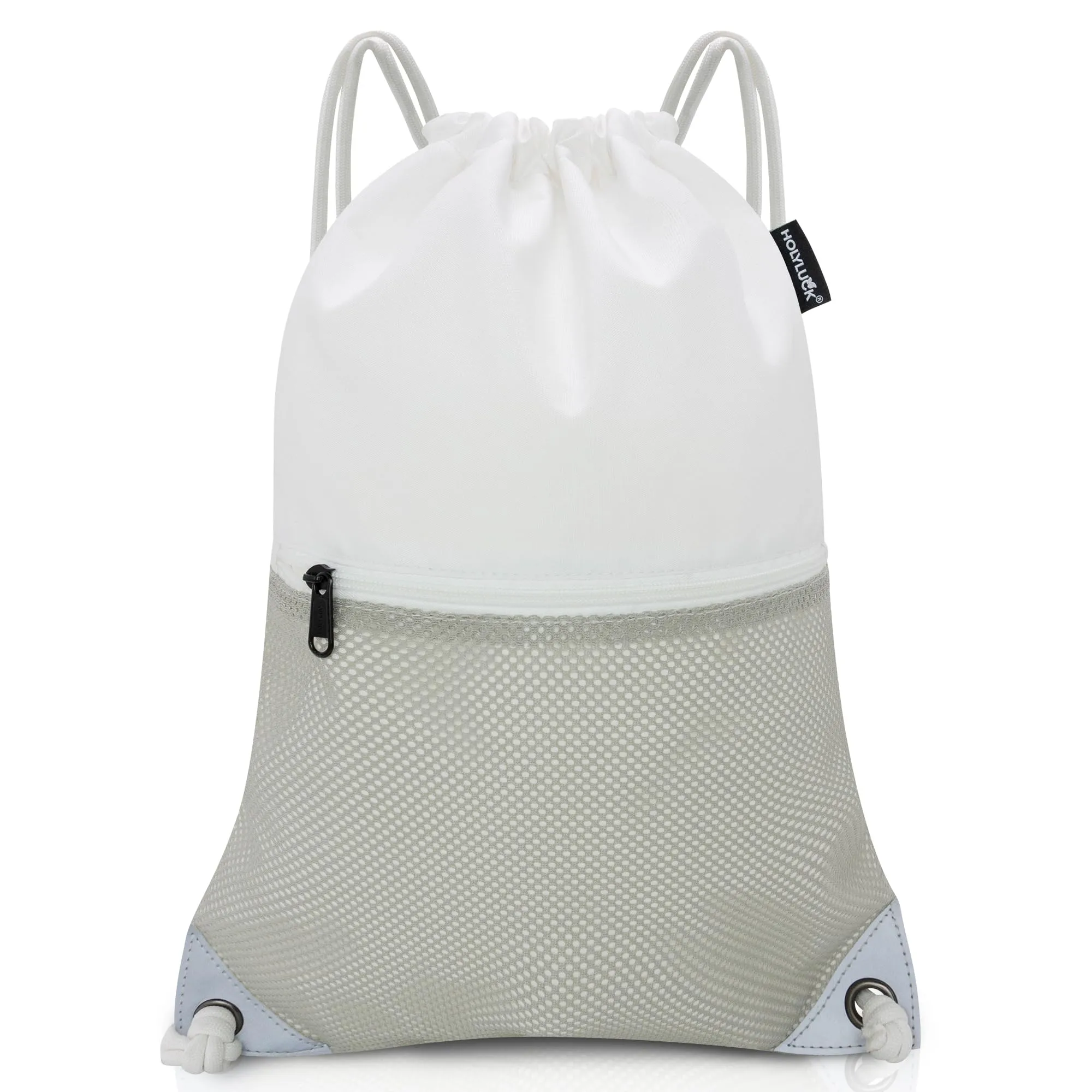 HOLYLUCK Drawstring Backpack Gym Sports Bag with Front mesh zipper Pocket (white and grey) HLC402