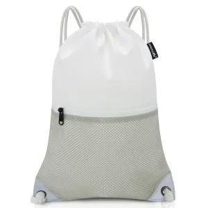 HOLYLUCK Drawstring Backpack Gym Sports Bag with Front mesh zipper Pocket (white and grey) HLC402