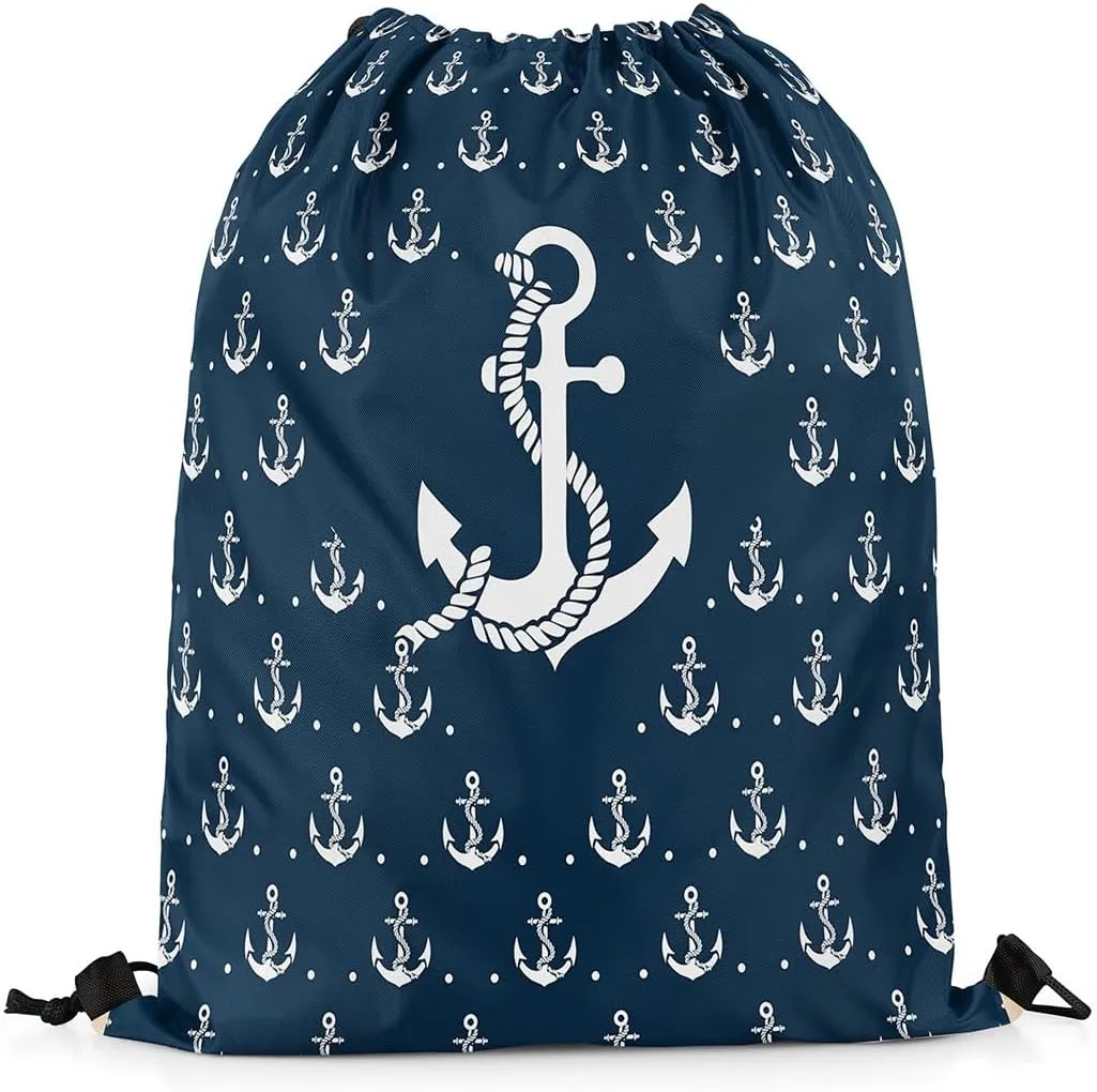 Homewish Anchor Drawstring Backpack Nautical Sailing Ocean Theme Gym Cinch Sack Sports Draw String Knapsack Navy Blue White Simple Decor Bag for Trip Camping Climbing 13"x16"