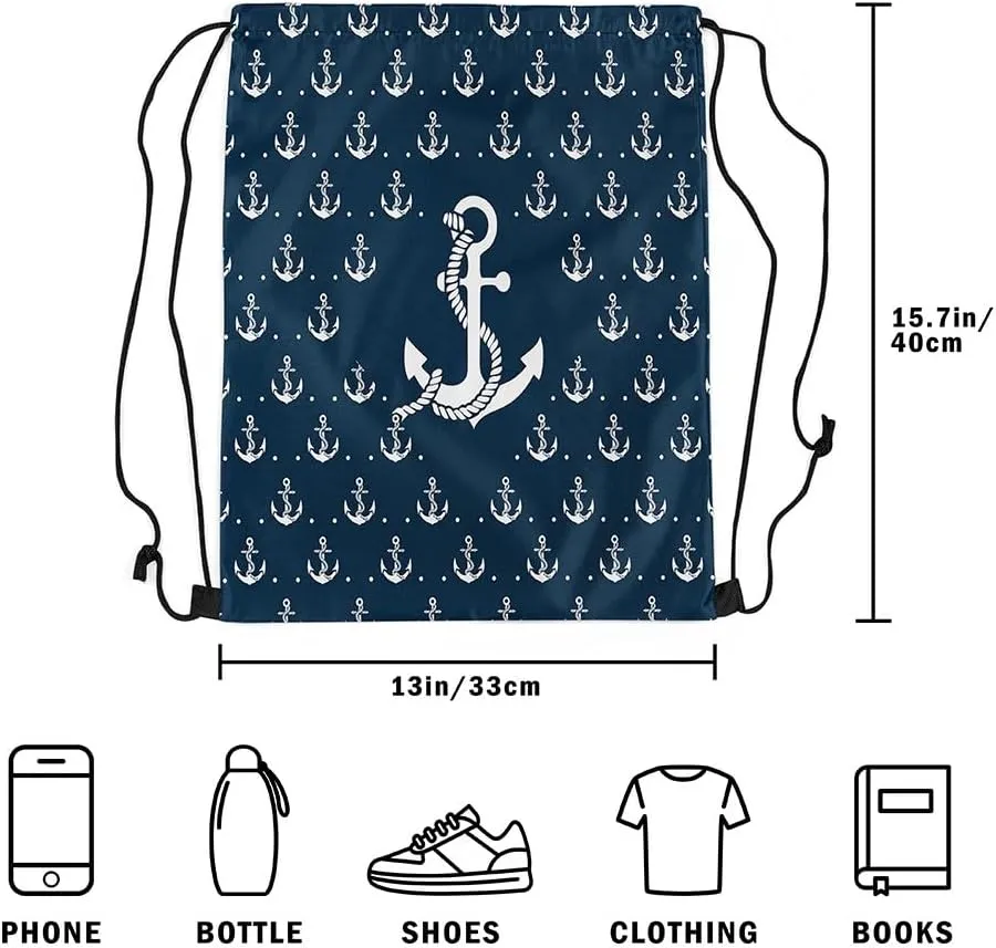 Homewish Anchor Drawstring Backpack Nautical Sailing Ocean Theme Gym Cinch Sack Sports Draw String Knapsack Navy Blue White Simple Decor Bag for Trip Camping Climbing 13"x16"