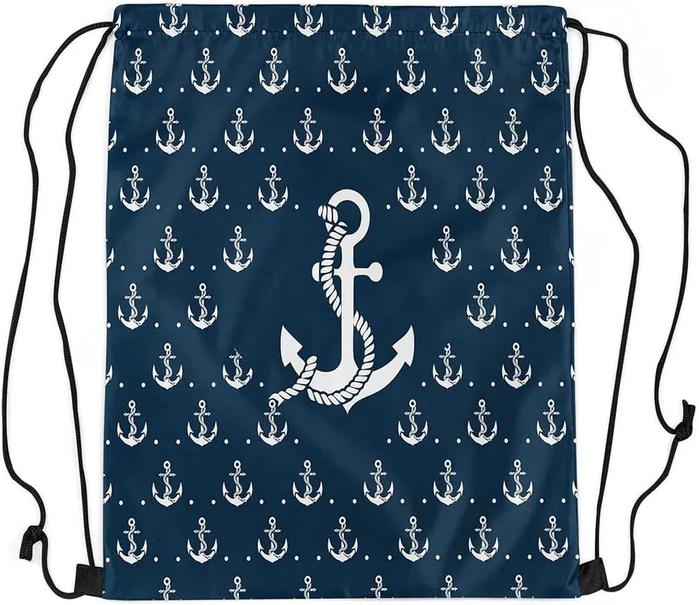 Homewish Anchor Drawstring Backpack Nautical Sailing Ocean Theme Gym Cinch Sack Sports Draw String Knapsack Navy Blue White Simple Decor Bag for Trip Camping Climbing 13"x16"