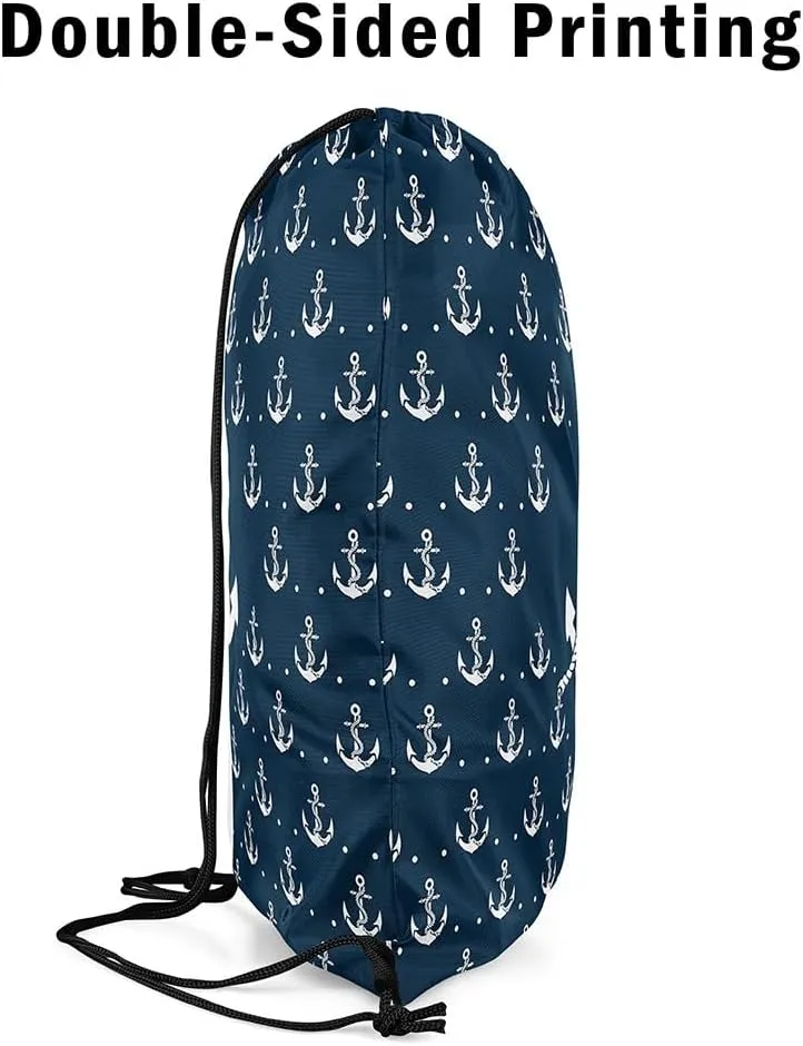 Homewish Anchor Drawstring Backpack Nautical Sailing Ocean Theme Gym Cinch Sack Sports Draw String Knapsack Navy Blue White Simple Decor Bag for Trip Camping Climbing 13"x16"