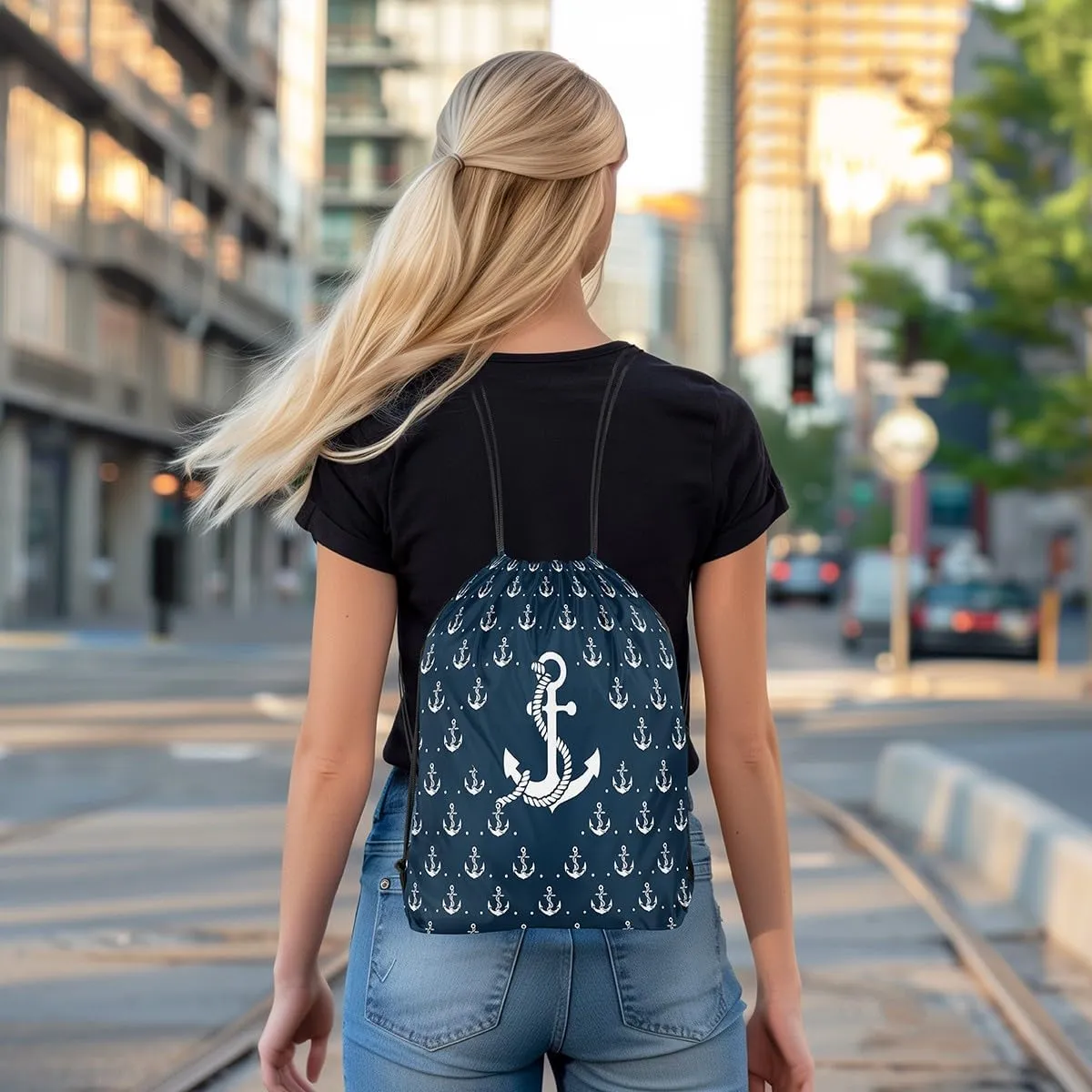 Homewish Anchor Drawstring Backpack Nautical Sailing Ocean Theme Gym Cinch Sack Sports Draw String Knapsack Navy Blue White Simple Decor Bag for Trip Camping Climbing 13"x16"