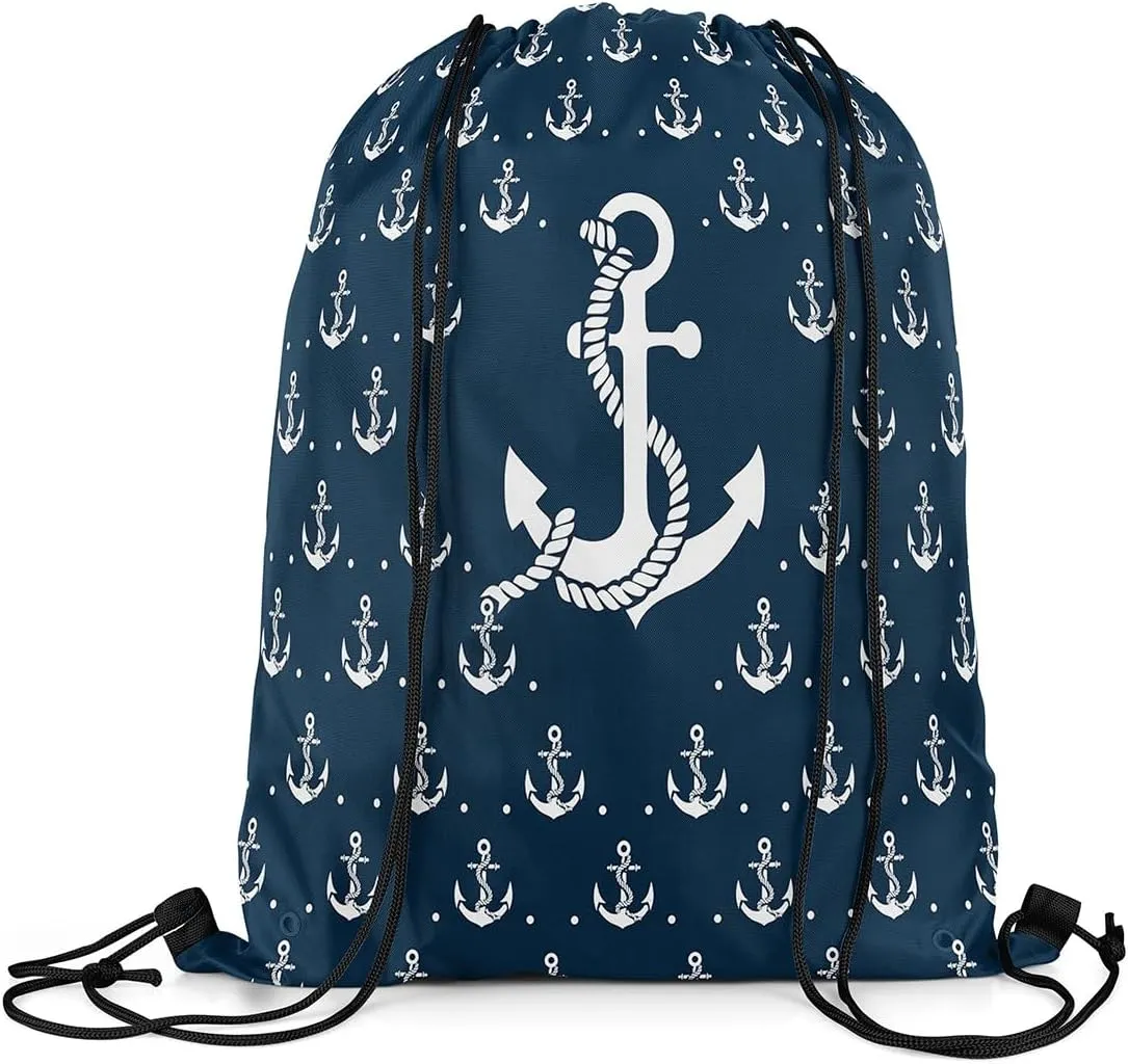 Homewish Anchor Drawstring Backpack Nautical Sailing Ocean Theme Gym Cinch Sack Sports Draw String Knapsack Navy Blue White Simple Decor Bag for Trip Camping Climbing 13"x16"