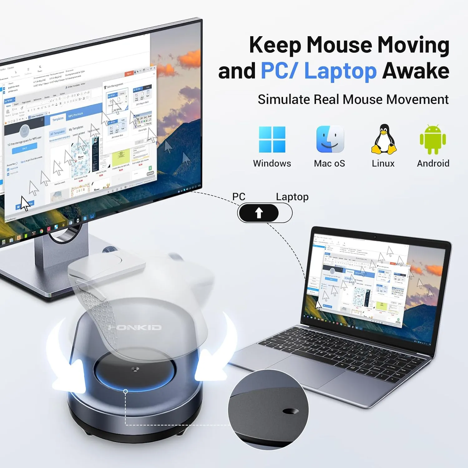 HONKID Undetectable Mouse Jiggler - Auto Mover with On/Off Switch & USB Port, No Software Needed, Prevent Sleep/Lock for Home Office & PC/Mac/Desktop (Blue Black), Perfect for Gifts/Remote Work