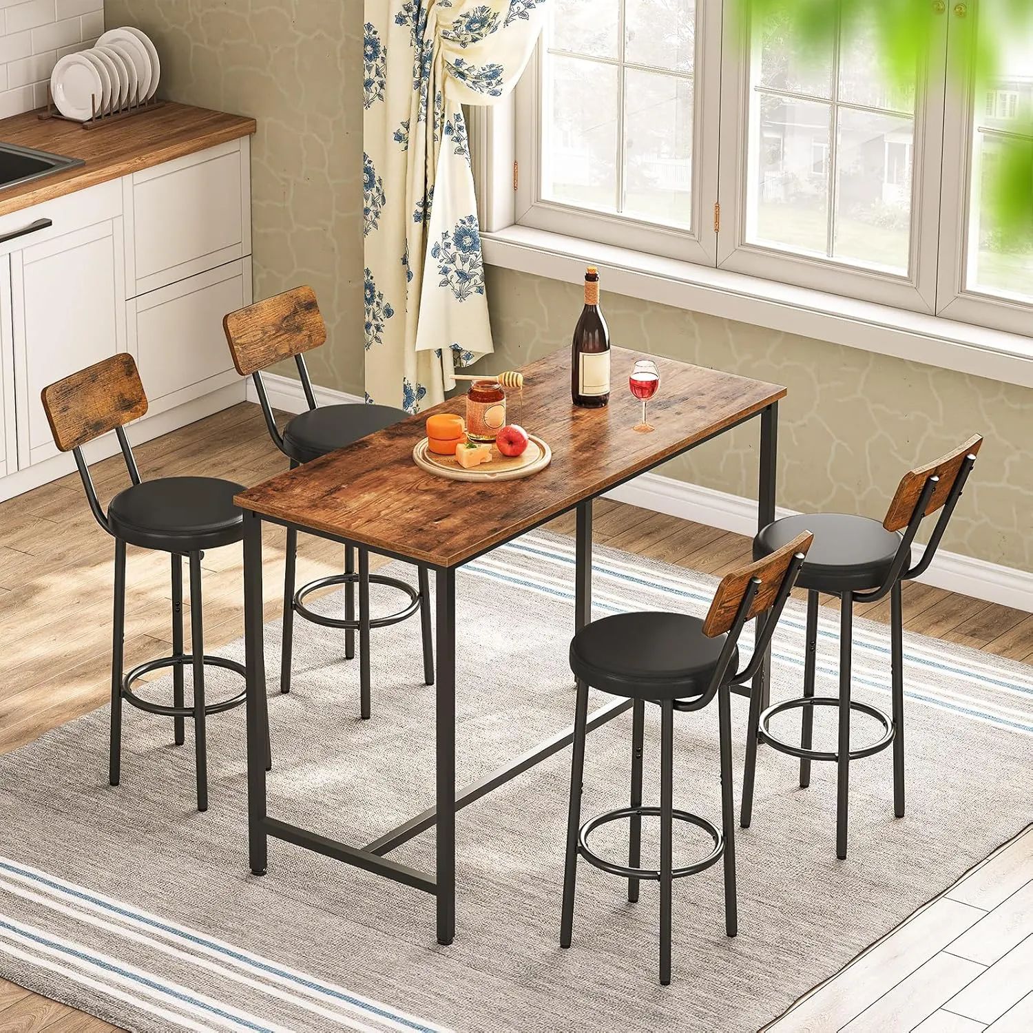 HOOBRO Bar Stools, Bar Stools Set of 2 with PU Upholstered, Bar Chairs with Footrest and Back, 26" Bar Stools for Kitchen Island, Dining Room, Easy to Assemble, Rustic Brown and Black BF31BY01G1