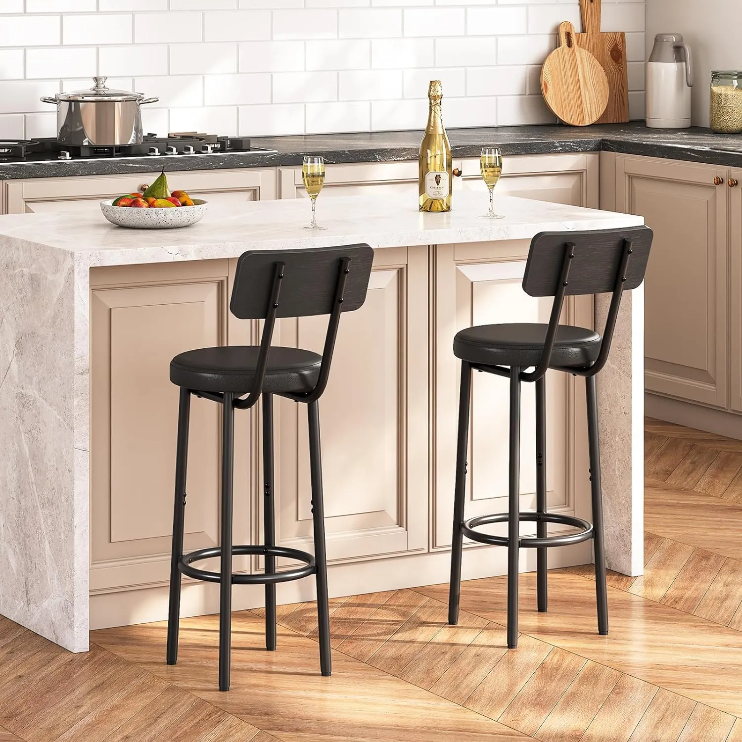 HOOBRO Bar Stools, Set of 2 Bar Stools with PU Upholstered, Bar Chairs with Footrest and Back, 26" Bar Stools for Kitchen Island, Dining Room, Easy to Assemble, Black BK31BY01G1