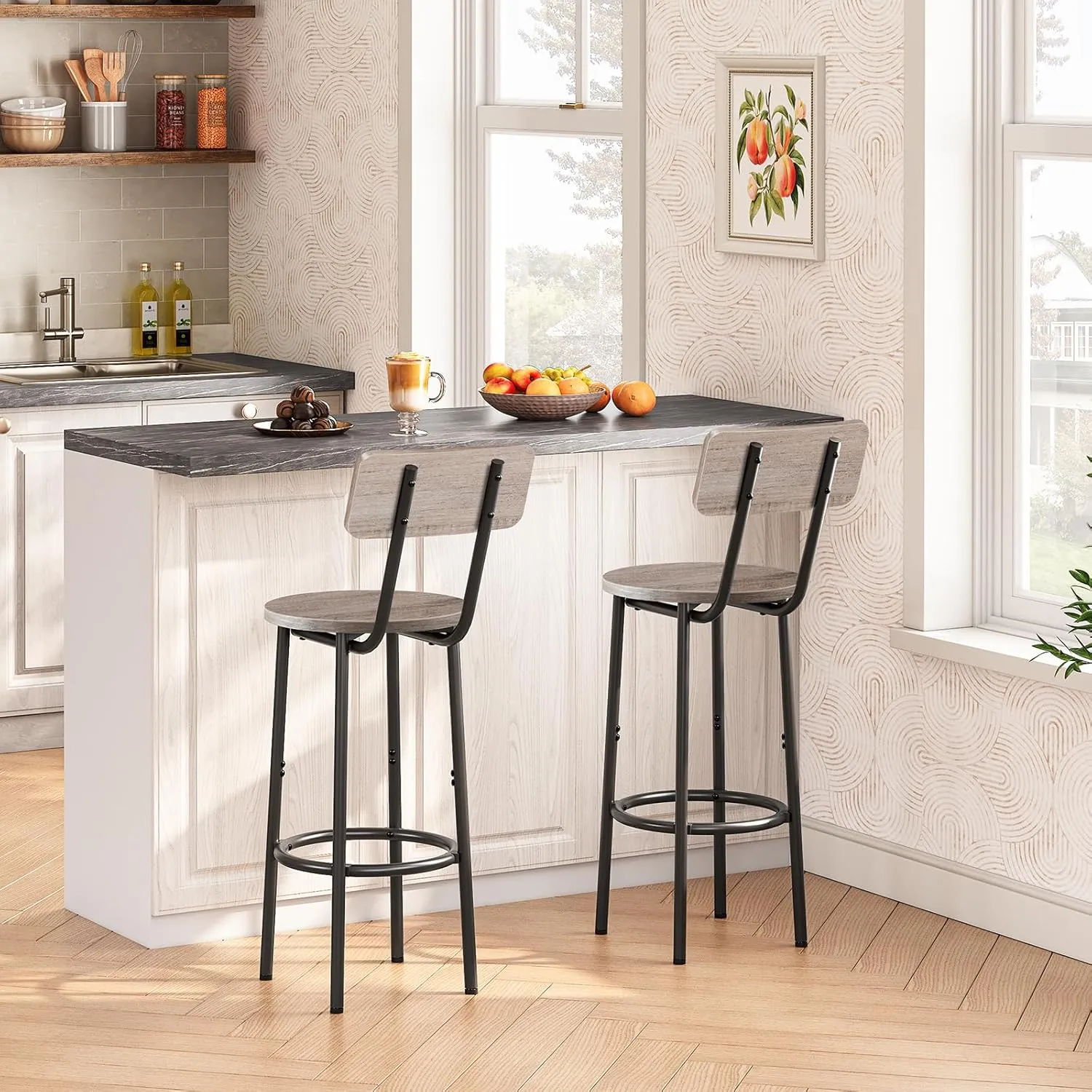 HOOBRO Bar Stools,Set of 2 Bar Stools with Footrest and Back,25.2" Bar Chairs for Kitchen Island, Dining Room,Counter Height Bar Stools, Easy to Assemble, Greige and Black BG32BY01G1