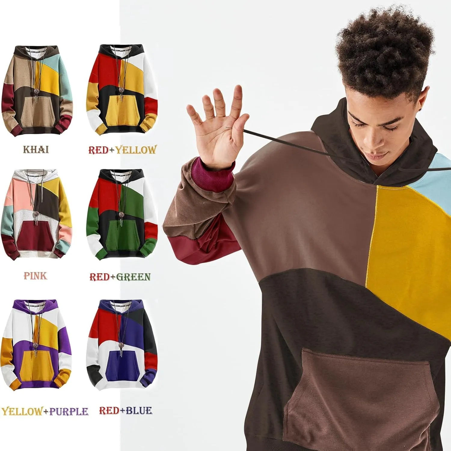 Hoodies for Men Color Block Hoodie with Design Hip Hop Colorful Hooded Pullover Novelty Sweatshirt