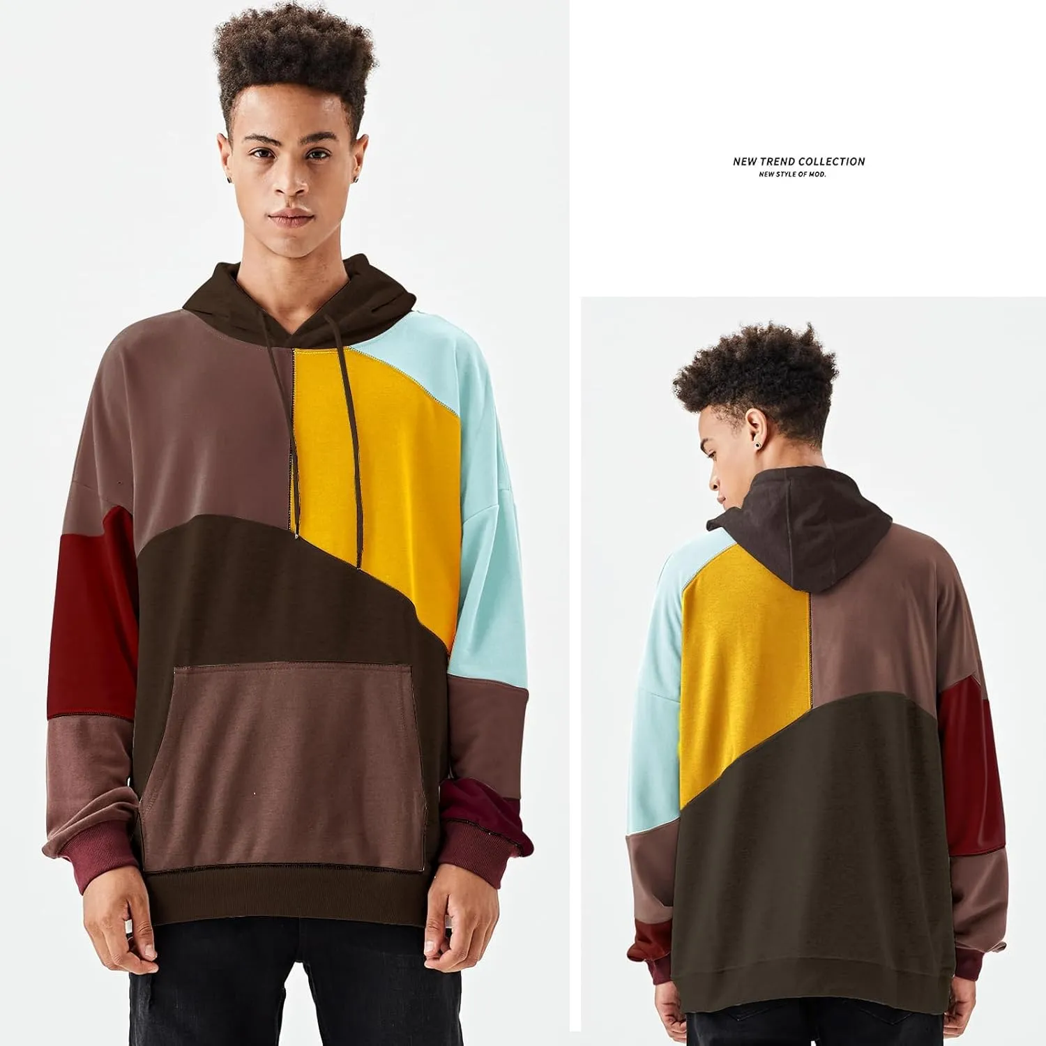 Hoodies for Men Color Block Hoodie with Design Hip Hop Colorful Hooded Pullover Novelty Sweatshirt