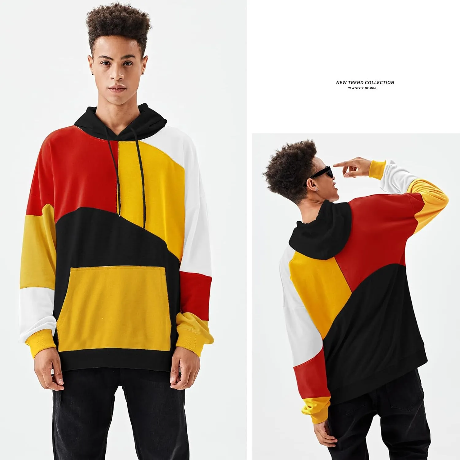 Hoodies for Men Color Block Hoodie with Design Hip Hop Colorful Hooded Pullover Novelty Sweatshirt