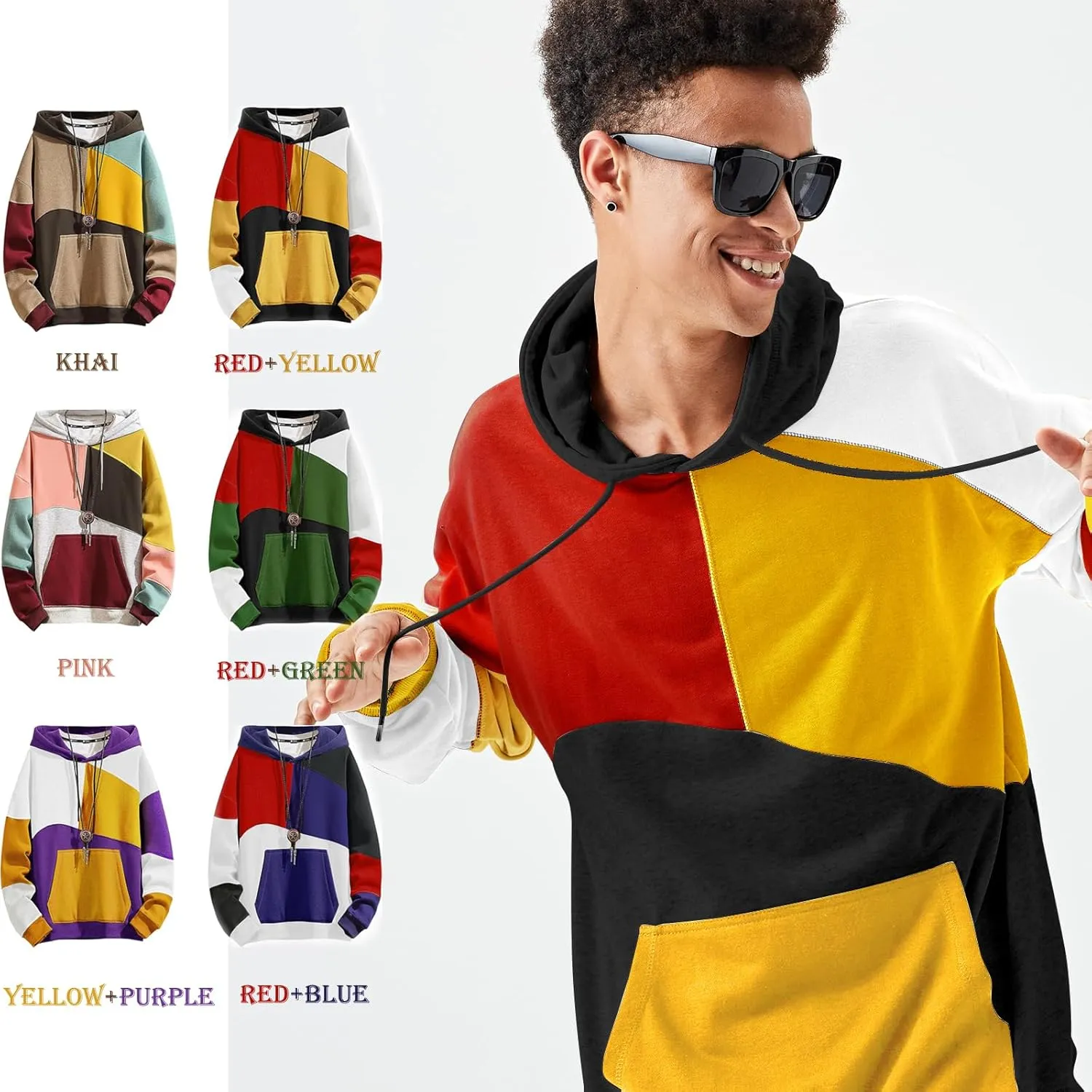 Hoodies for Men Color Block Hoodie with Design Hip Hop Colorful Hooded Pullover Novelty Sweatshirt