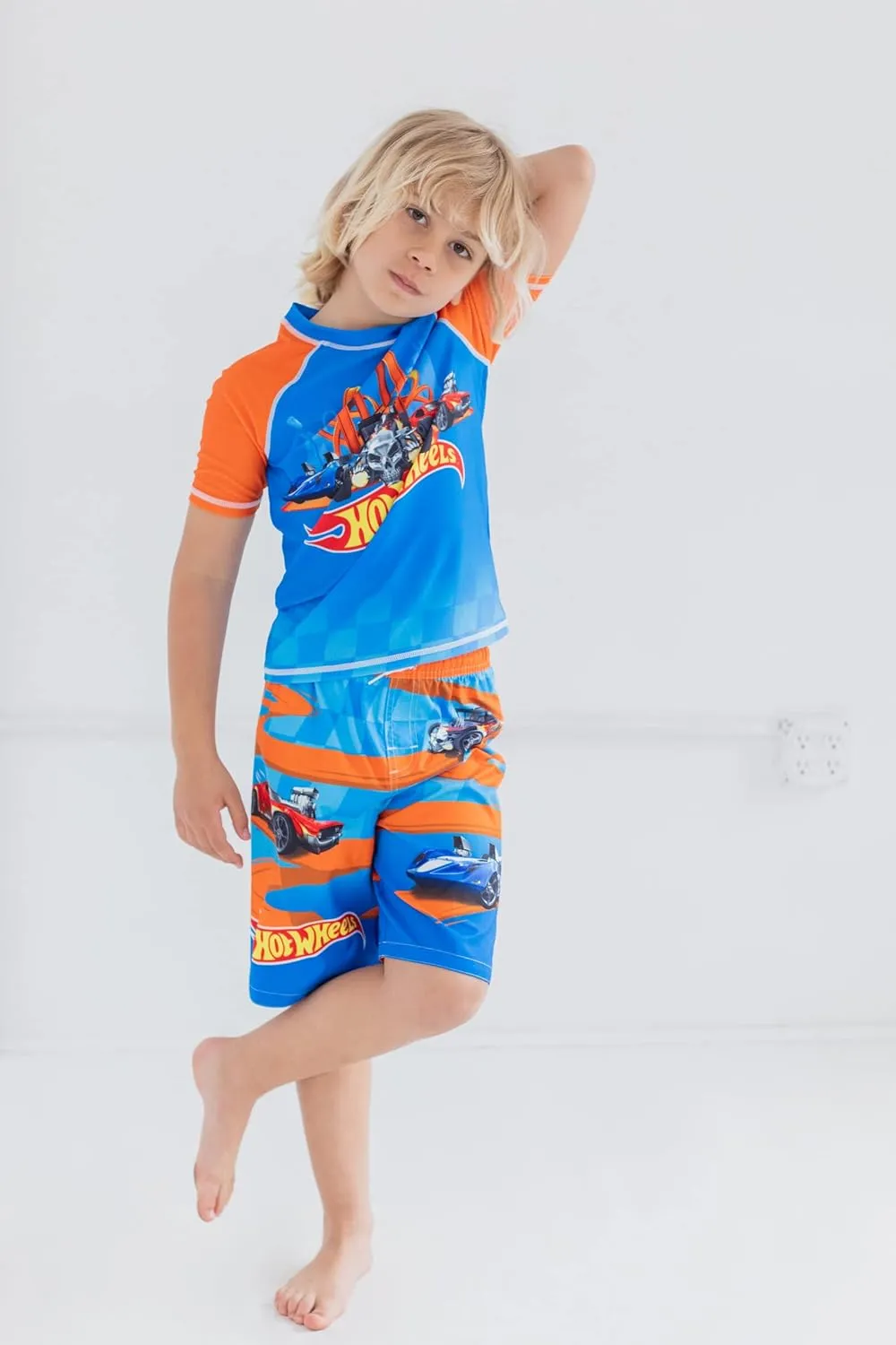 Hot Wheels UPF 50  Pullover Rash Guard and Swim Trunks Outfit Set Toddler to Big Kid