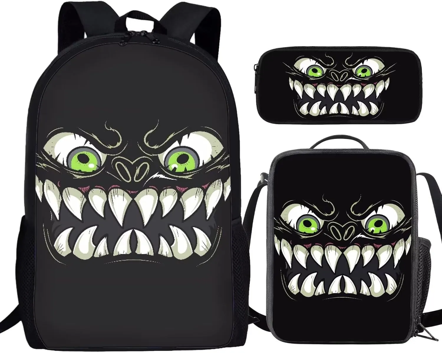 Howilath Black Monster Fangs 3 in 1 Backpack with Lunch Bag for Boys, 17 Inch Backpack Set for Teen Boys Cool Kids School Shoulder Bags Thermal Lunch Box and Pencil Case
